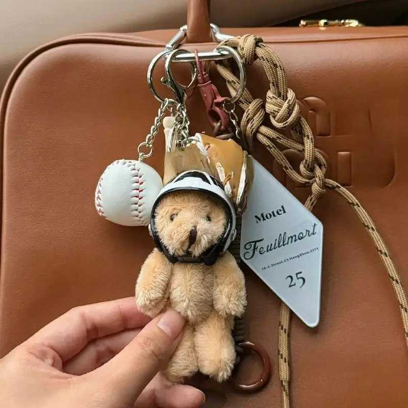 Trendy Cute Motorcycle Helmet Bear Doll Couple Keychain Pendant Plush Bear Toy Car Keyring Backpack Decoration Bag Charm Jewelry W250526