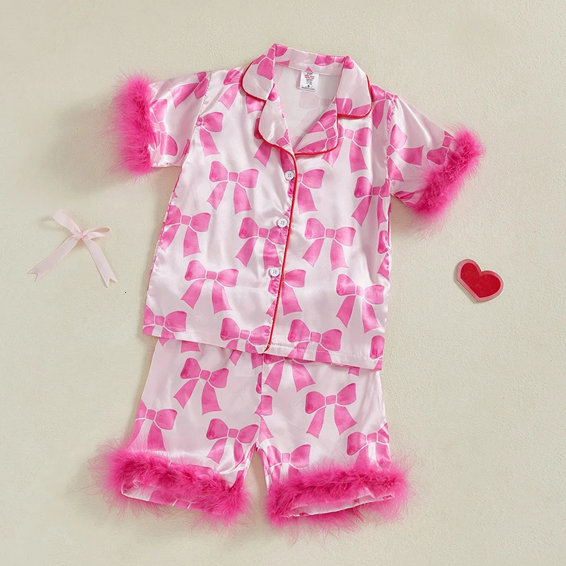 Childrens Girls Pajama Set Lobster Polka Dot Print Short Sleeve Top with Elastic Waist Shorts Sleepwear for Kids 250527