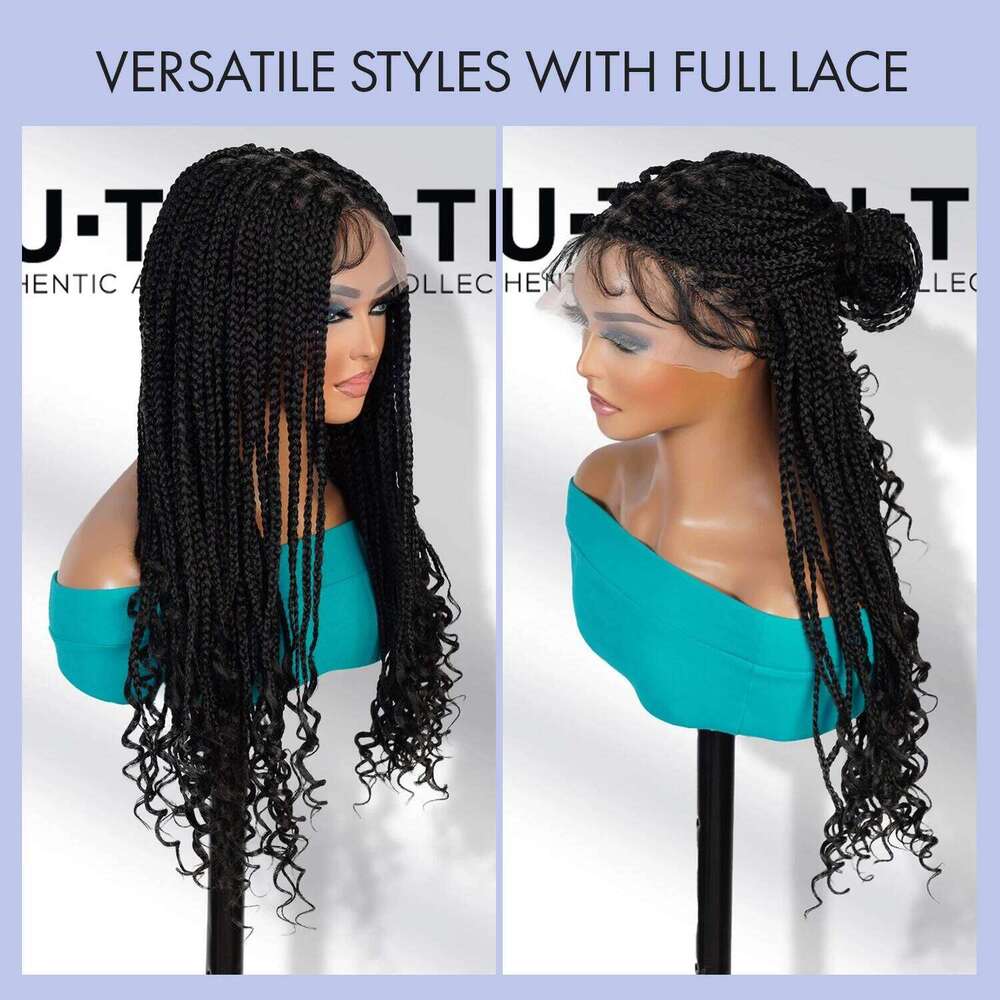 Authentic Glueless Full Lace Braided Wig Medium Knotless Goddess Box Braids Loose Curly Tips 1B 24" BW Unit7