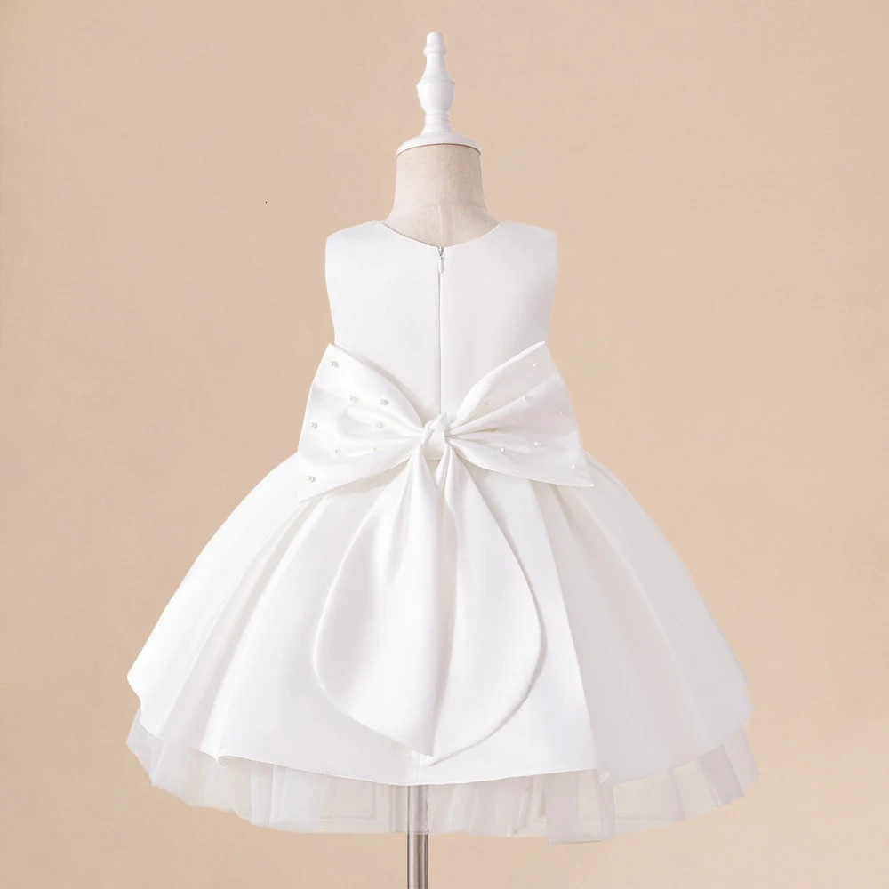 Toddler White Wedding Satin Princess Baby Girl Dress Big Bow 1 Year Birthday Baptism Party for Bridemaid Kids Clothin 250527