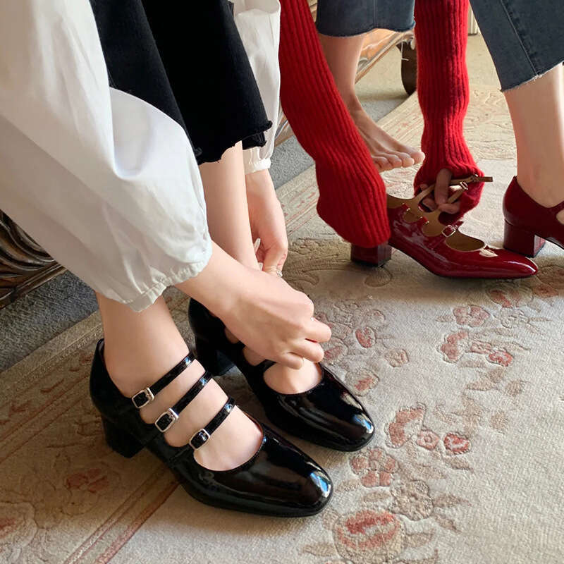 Sheepskin Version ~ Glossy Patent High Mary Jane Three-Row Buckle Genuine Leather Women's Chunky Heel Gentle Shoes