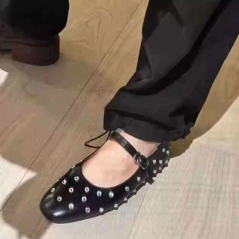 2025 Spring/Summer New Fashion Versatile One-Strap Studded Buckle Genuine Leather Soft Mary Jane Ballet Flats for Women