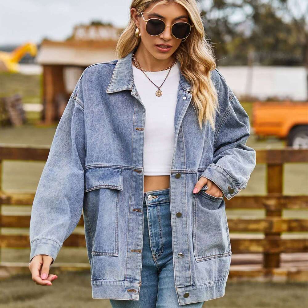 2023 Autumn New Women's Long Sleeve Denim Jacket Fashion Loose Versatile Mid-Length Jeans Coat Casual Clothing S-2Xl