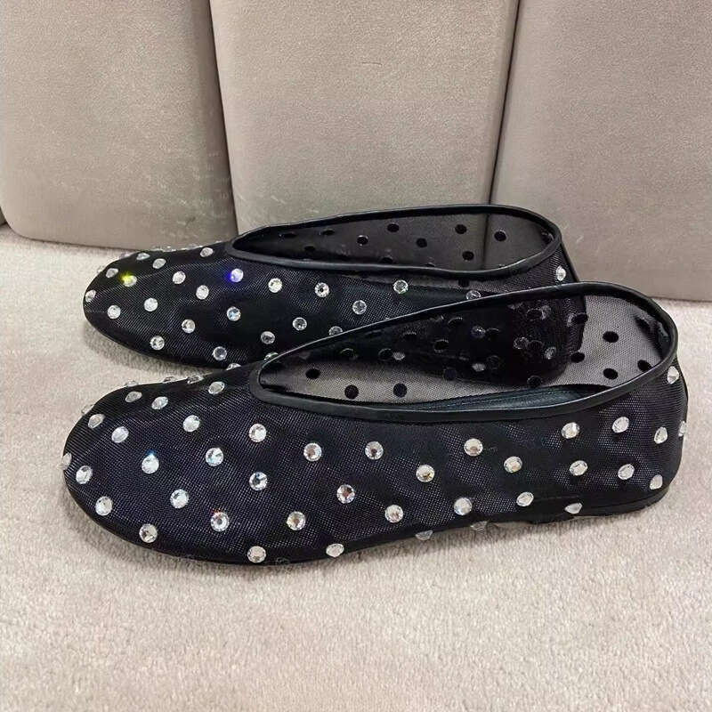 2025 Summer New Mesh Embroidered Round Toe Shallow Mouth Flat Women Ballet Rhinestone Single Shoes