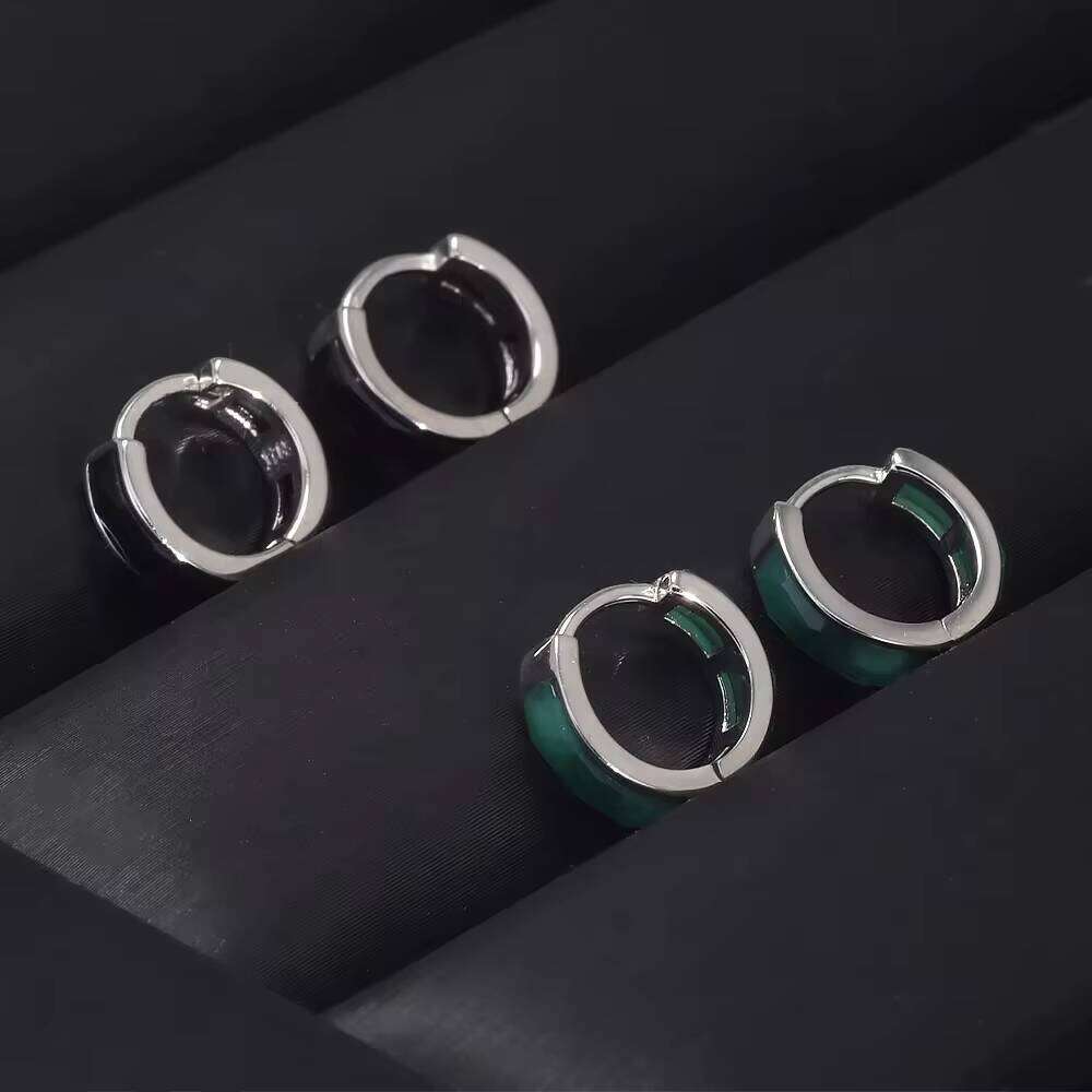 Pure Sier Cut Green Black Agate Hoop Natural Gemstone Hie Earrings Women Men Unisex Fashion Vintage Jewelry