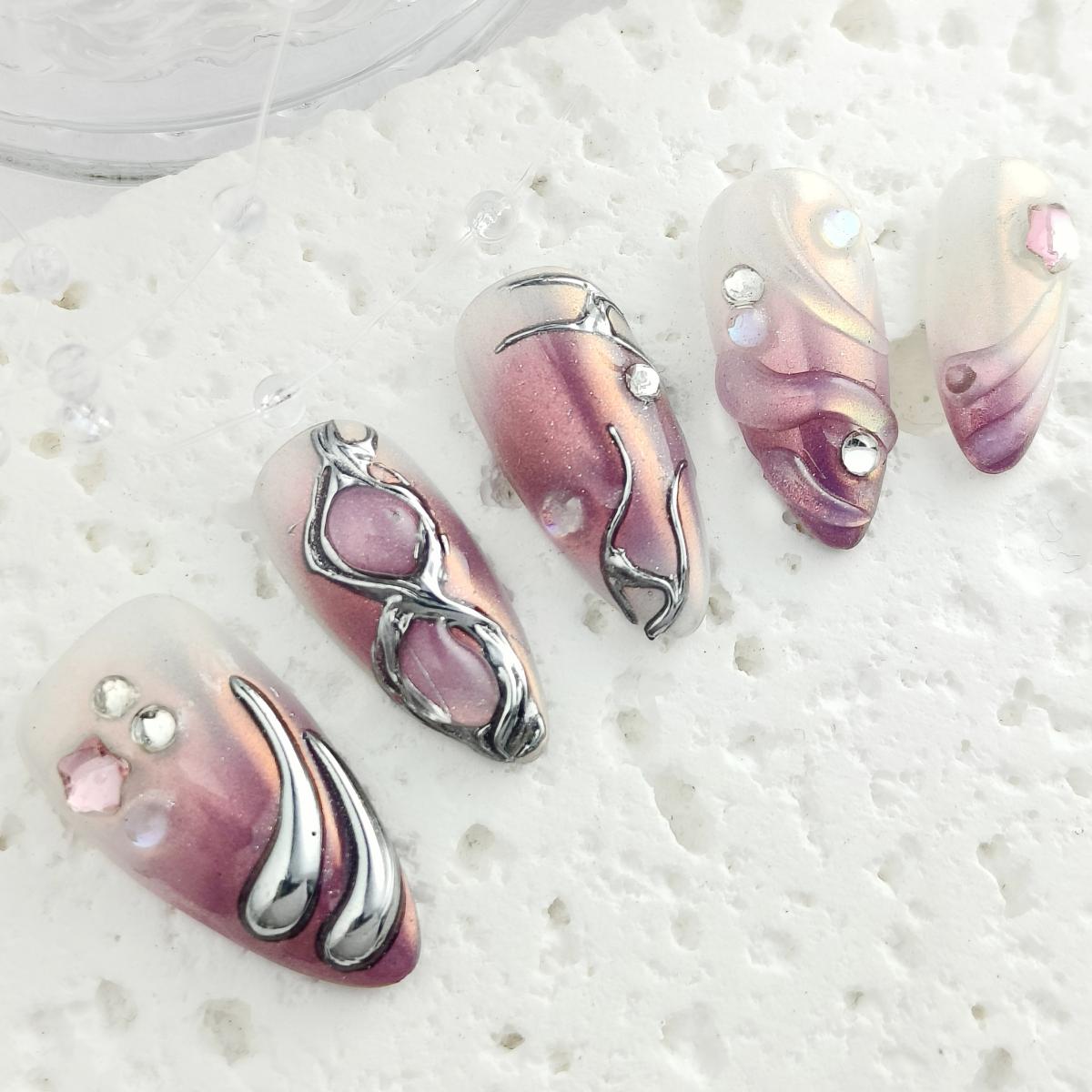 10pcs Y2K Handmade Press-on nails Medium Almond Nails 3D Metal wire Fake nails Bundle Sweet Love Diamond Finished nail stickers Free storage box jelly