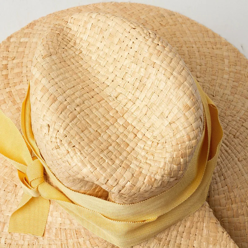 USPOP Spring Summer Wide Ribbon Bow Sun Hats Double-layer Hand-woven Raffia Jazz Hat Outdoor Sunshade Raffia Beach Straw Hat 250526