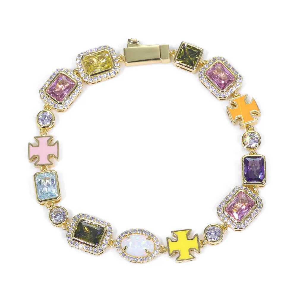Colored Gems 10mm Tennis Chain Bracelet Mixed With Cross Brass Zircon Geometric Pattern Hip-Hop Style Bracelet For Men And Women W250526