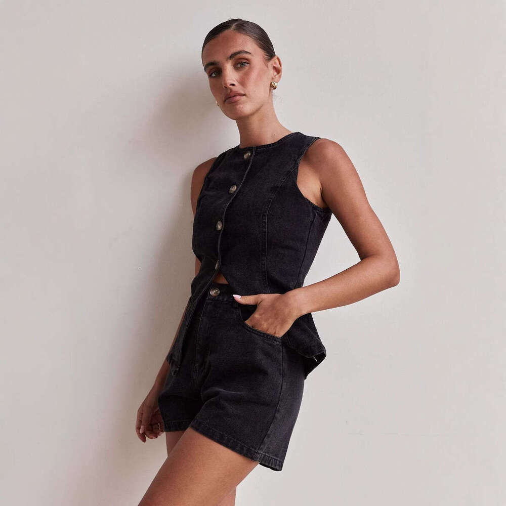 2025 Spring/Summer New Fashion Sleeveless Waist-Cinching High-Waist Loose Denim Shorts Set