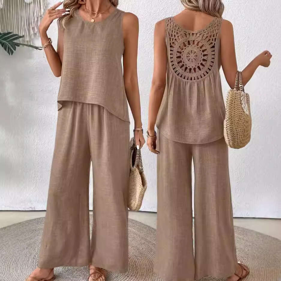 2025 New Summer Sleeveless Solid Color Backless Lace Trim Set Women's Fashion
