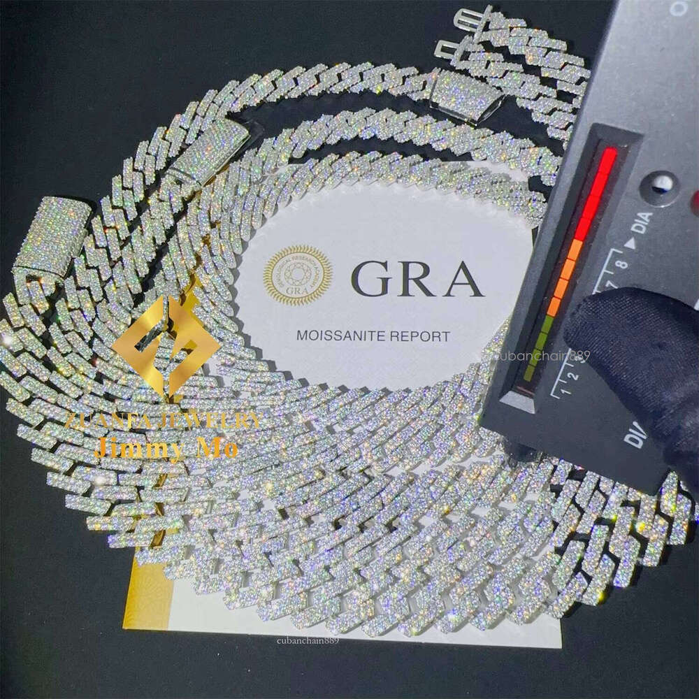 Hot Selling Pass Dia Tester Solid Sier 12mm 13mm 14mm 15mm Two Rows Iced Out Hip Hop VVS1 Moissanite Cuban Link Chain