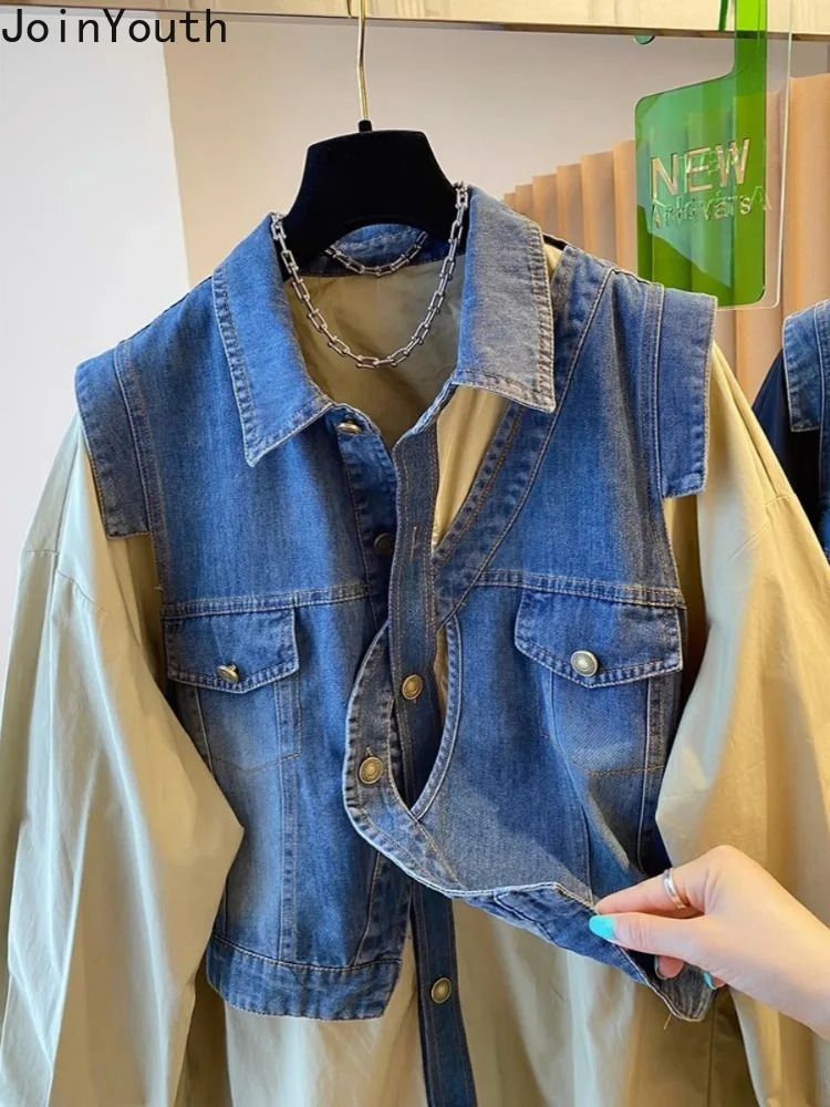 Fashion Blouse for Women Patchwork Denim Fake Two Shirts 2025 Blusas Mujer De Moda Casual Fashion Korean Oversized Y2k Tops 250523