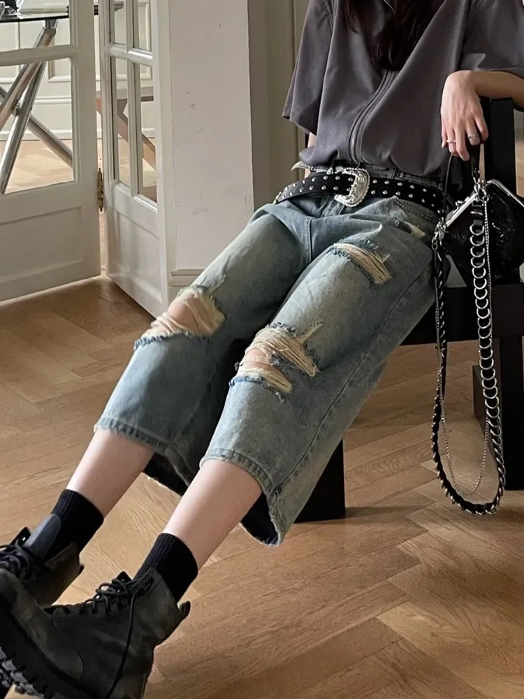 HOUZHOU Vintage Blue Ripped Short Jean Oversized Distressed Jorts Y2k Grunge Baggy Boyfriend Denim Shorts Wide Streetwear 250516Z