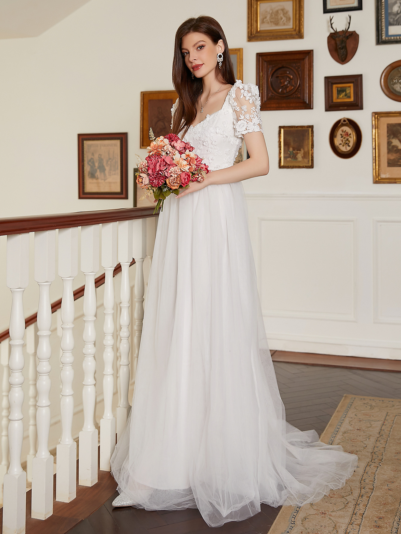 White lace patchwork big swing dress long skirt new style banquet