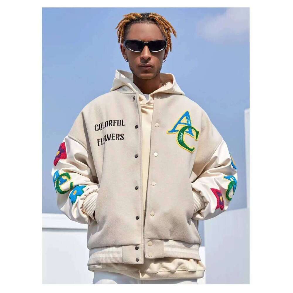 American Flower Embroidered Flocking Streetwear Trend Coat 2022 New Winter Men Moto Masculin Bomber Jacket