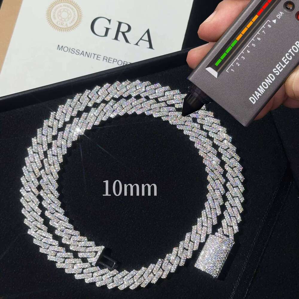 Ready to Ship High Quality Moissanite Hip Hop Jewelry 10mm Link Chain Sier Iced Out Cuban Bracelet Necklace With GRA