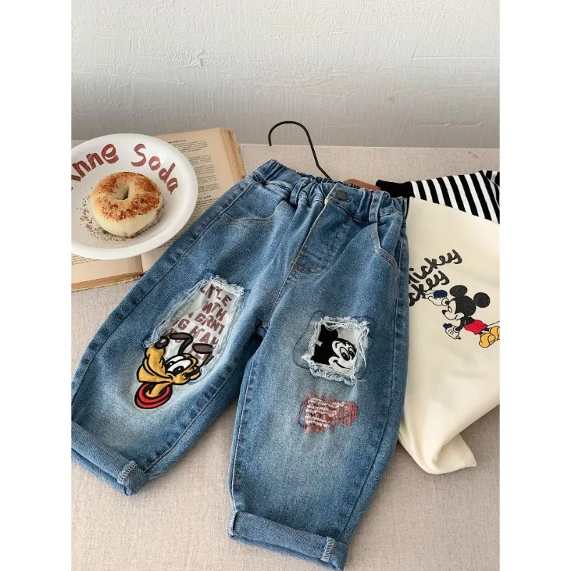 Children Ripped Jean Spring Autumn Boy Girl Elastic Waist Cartoon Denim Pants Kids Straight Leg Trousers D2501 250527