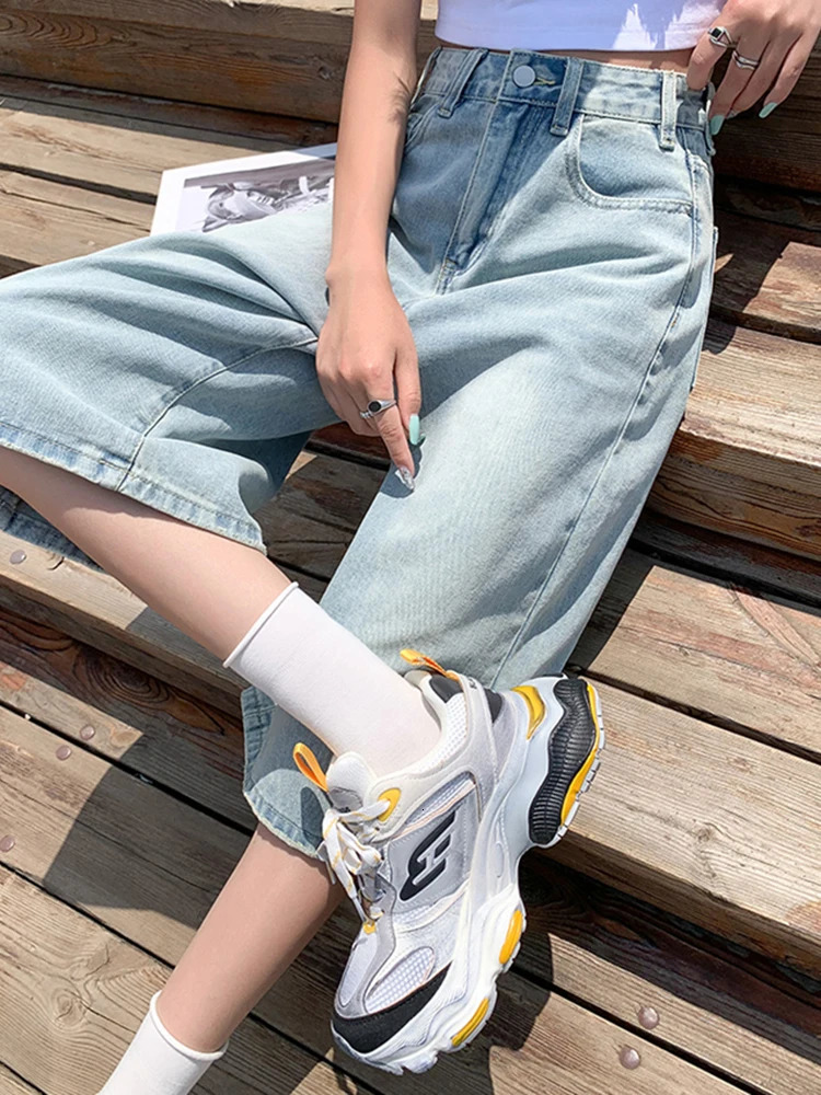 Female Summer American Vintage Baggy Denim Cropped Pants Woman High Waist Washed Wide Leg Jeans Light Blue Loose A Line Shorts 250516Z