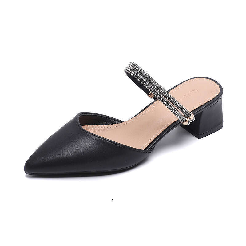 2025 New Spring Summer Closed-Toe Sandals Women, Mid-Heel Chunky Heel Fairy Style Fashion Rhinestone Two-Way Wear Slippers for Women