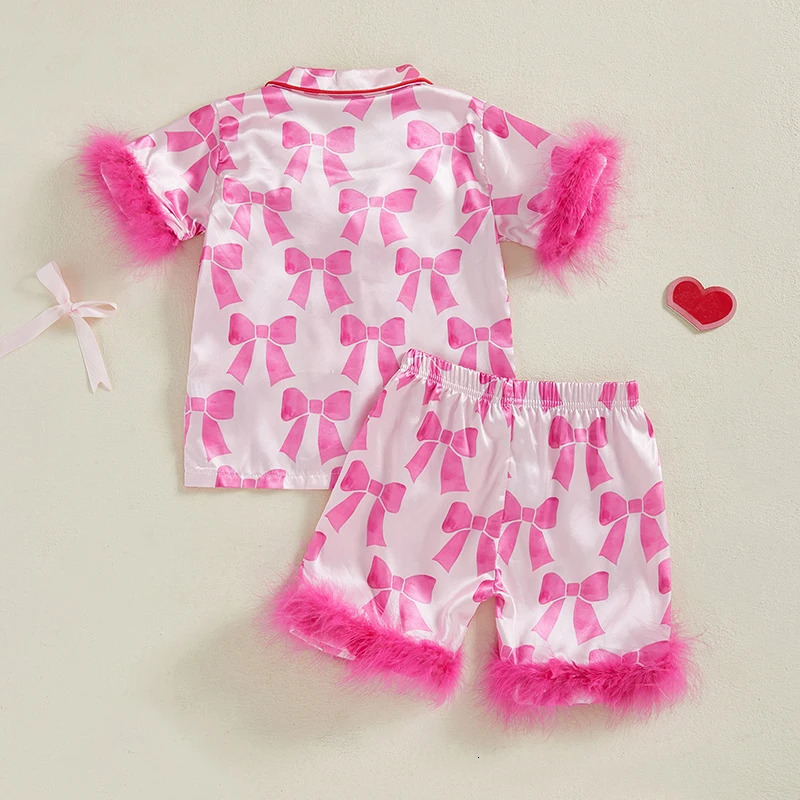 Childrens Girls Pajama Set Lobster Polka Dot Print Short Sleeve Top with Elastic Waist Shorts Sleepwear for Kids 250527