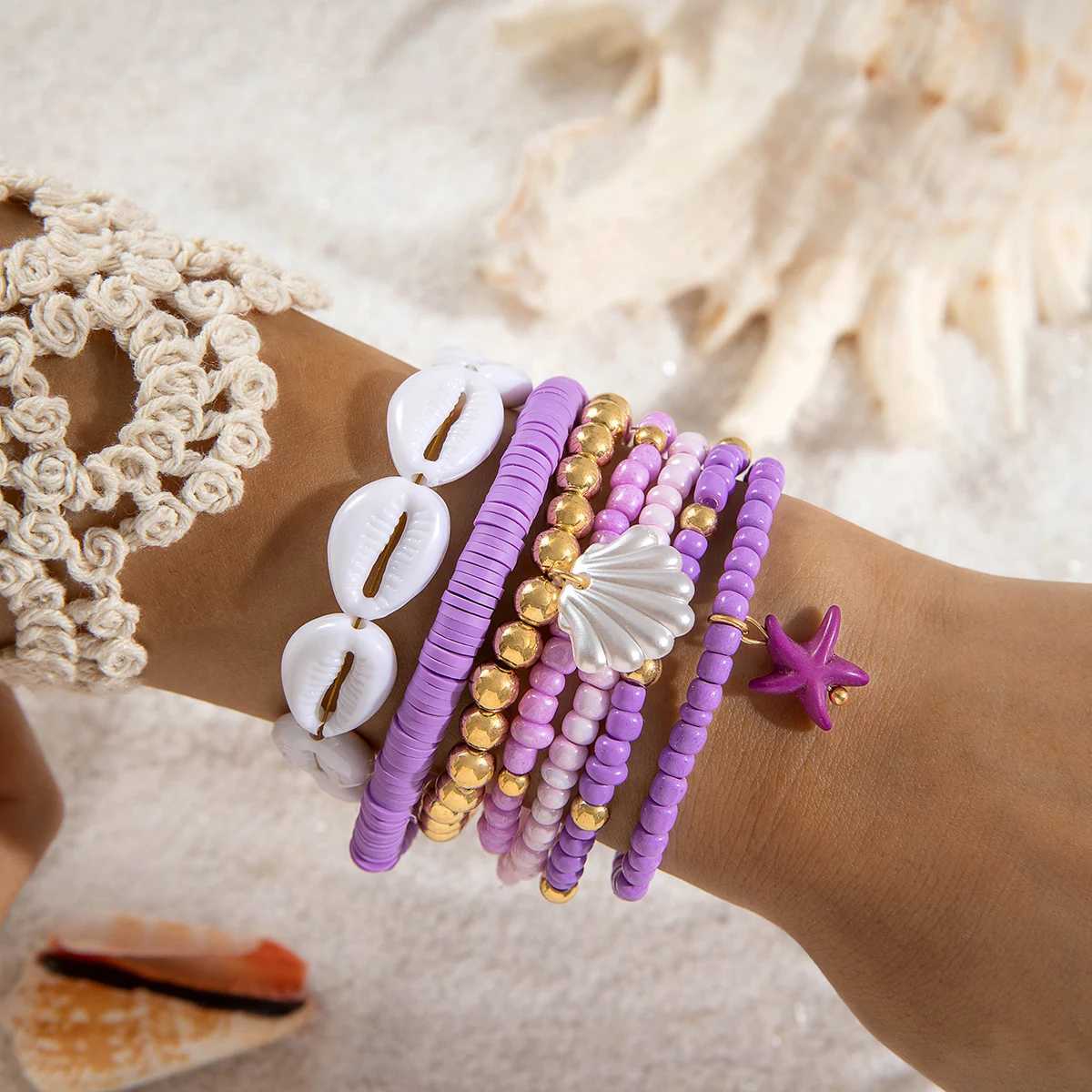 Tocona Bohemian Resort Style Shell Beaded Weaving Bracelet Beach Style Starfish Rice Beads Seven Piece Set for Women 25134 W250526