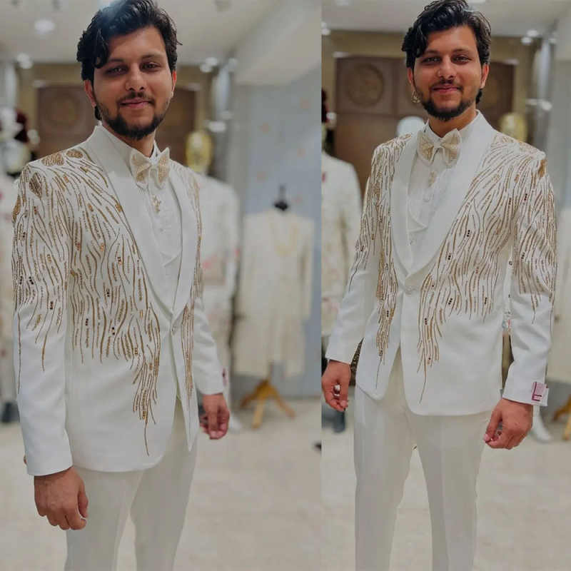 Handsome Beaded Wedding Tuxedos 2 Piece Set Jacket Pants One Button Men Suit Elegant Customized Groom Wear Party Suits