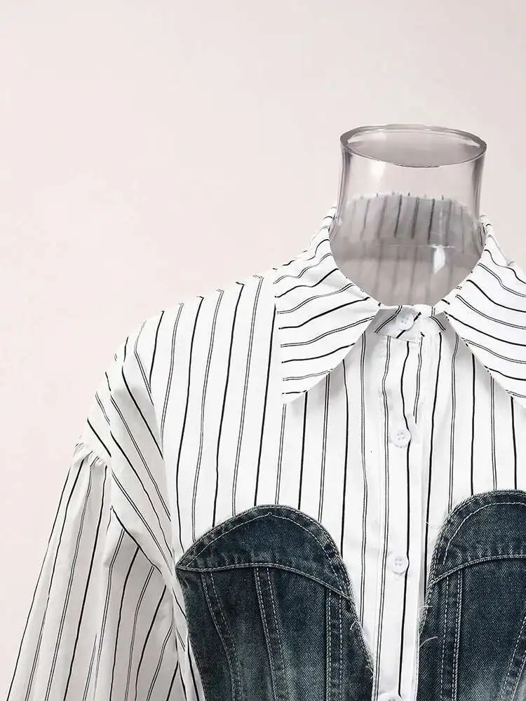 DEAT 2025 Spring Fashion Womens Stripe Shirt Denim Spliced Single Breasted Waist Retraction Patchwork Slim Blouse CPG1315 250523