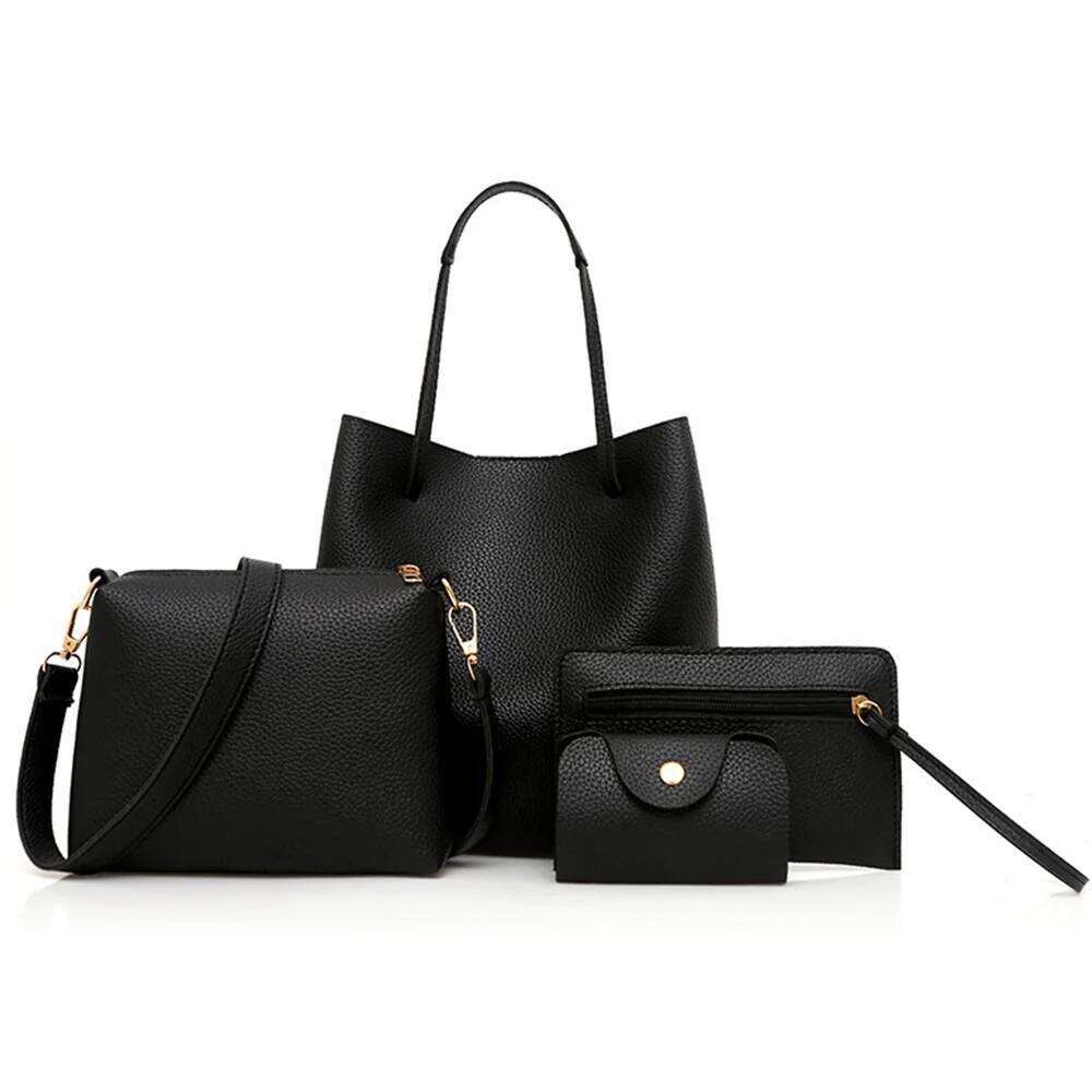4 Piece Set Large Capacity Leather Pure Colour Lychee Texture Shoulder Bucket Bag Wallet Handbag