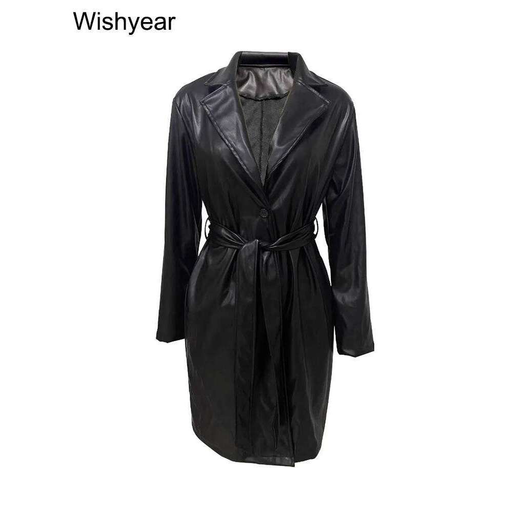 Vintage Women PU Leather Black Jacket Elegant Lapel Collar Long Sleeves Coat With Sashes Sexy Cool Girls Streetwear Outwear Y2k