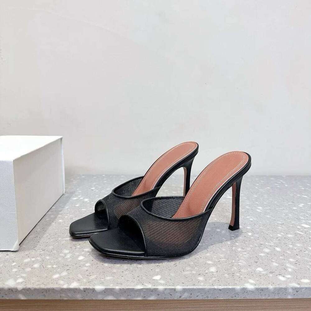 Hot Square Peep Sales High Heels Slippers Toe Runway Party Shoes Woman Summer Slides Mesh Lace Heeled Sandals Women