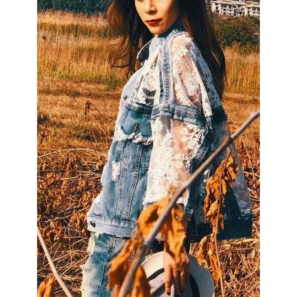 XFPV Women Sweet 3D Flower Embroidered Lace Spliced Loose Short Denim Sunscreen Coat Y2k Korean Fashion Tide Summer 2025 Sm11222