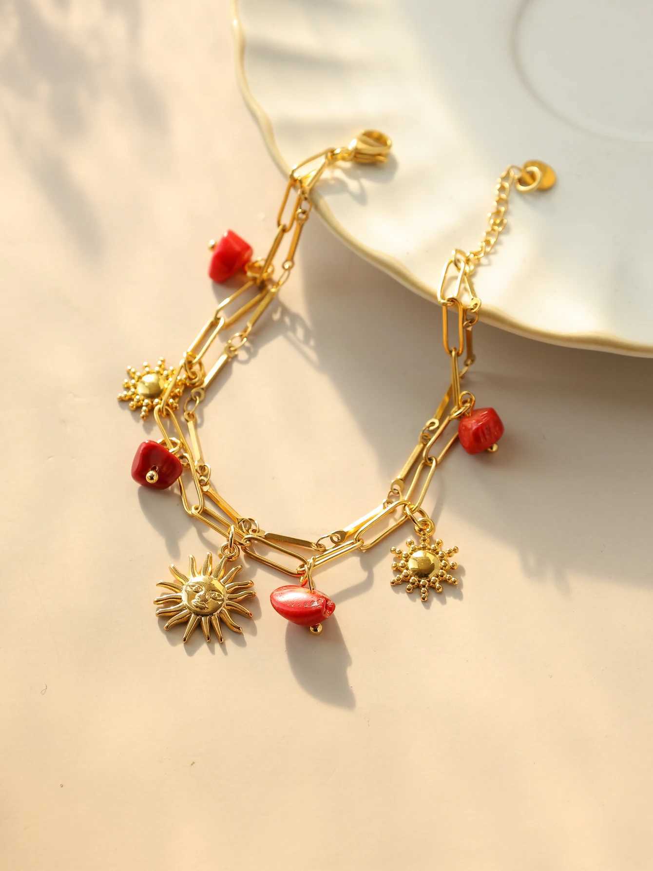 Stainless Steel Red Natural Stone Sun Pendant Double Bracelet Simple Irregular Chain Gold Women Jewelry Birthday Gift W250526