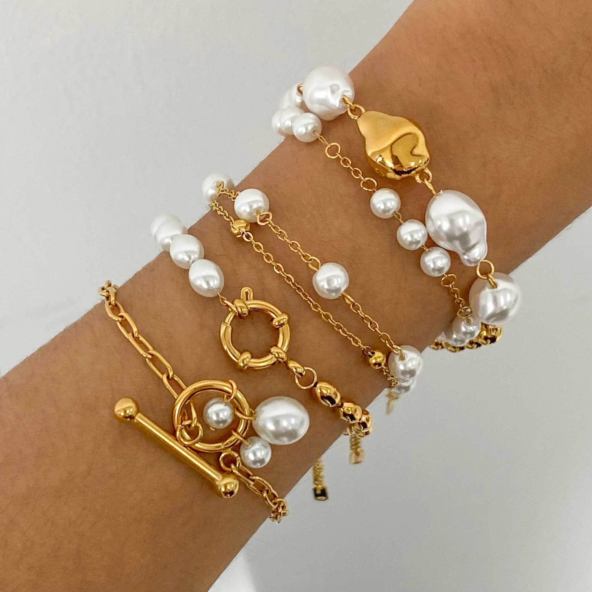 18K Gold Plated Bead Chain Irregular Shaped Glass Pearl Bracelet Chain Women Stainless Steel Rust Proof Anti Allergic Jewelry W250526