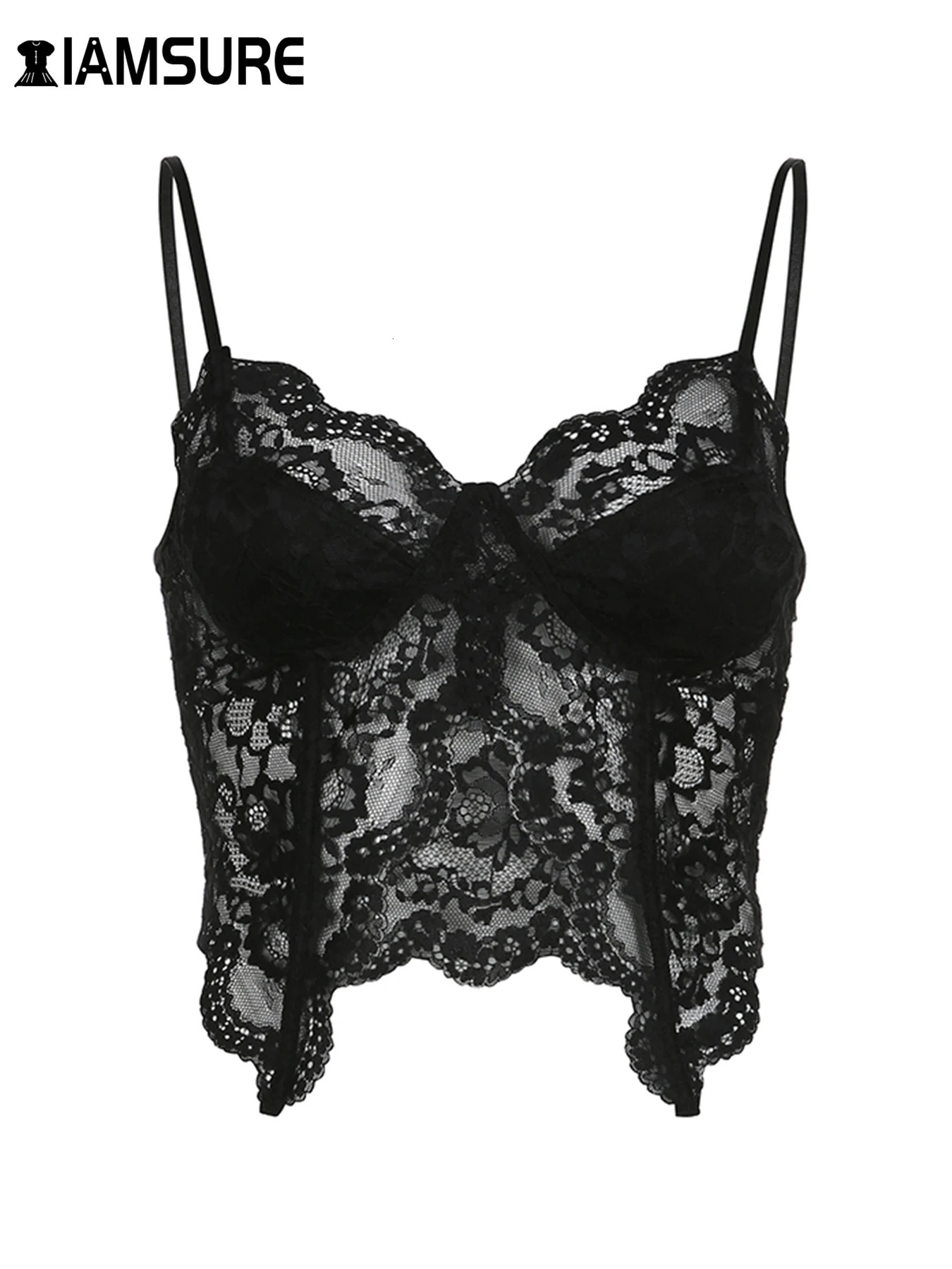 IAMSURE Holiday Sexy Lace Split Camis Tops Beach Style See Through Hollow Out Deep V-Neck Sleeveless Crop Tops Women 2025 Summer 250523