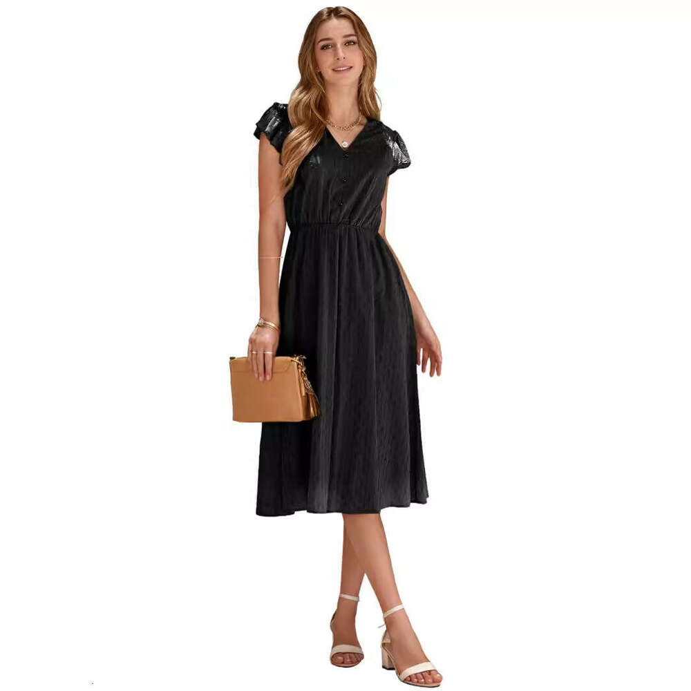 2025 Spring/Summer New Casual Solid Color V-neck Waist-cinching Fresh Style Women's Dress