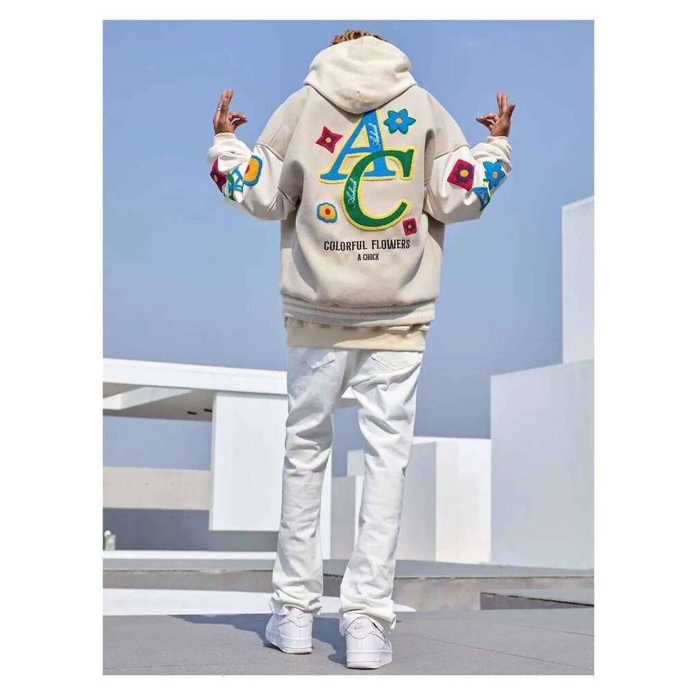 American Flower Embroidered Flocking Streetwear Trend Coat 2022 New Winter Men Moto Masculin Bomber Jacket