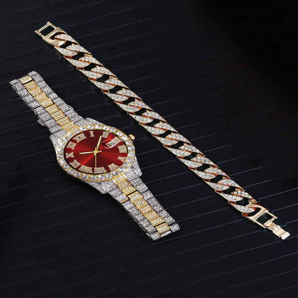 New Hip-Hop Full Diamond Fashion Business Men's Quartz Watch Bracelet Set with Inlaid Diamonds Chronograph