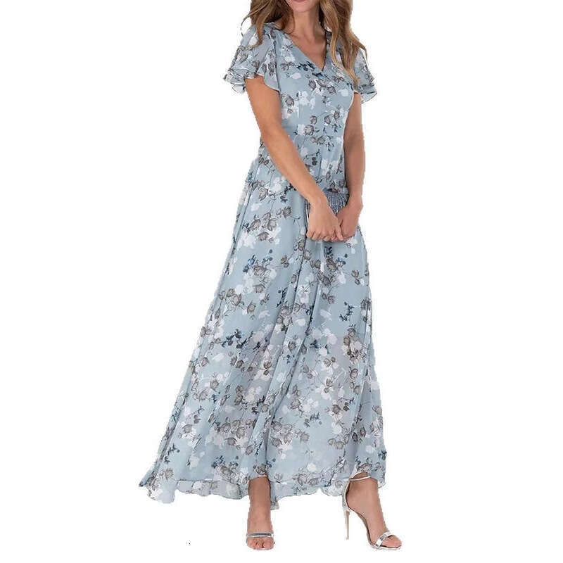 New Style Beach Long Chiffon Floral Short Sleeve Ruffle V-neck Fashion Waist-cinching Dress