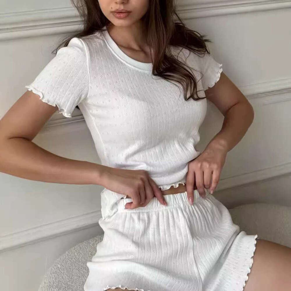 Fashion Casual Jacquard Ruffle Slim Fit Elegant Home Round Neck Short Sleeve Shorts Two-Piece Set for Women