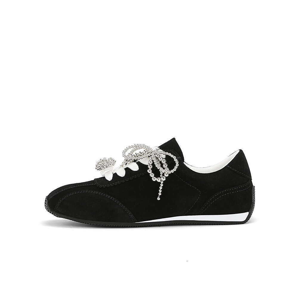 Cowhide Version Su Yinyin Same Style Square Toe Pearl Butterfly Shoelace Casual Sports German Training Women's Agan Shoes