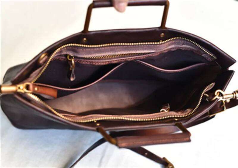 Retro Handmade Natural Genuine Leather With Metal Handles Simple Personality Handbags Cowhide Shoulder Messenger Bag