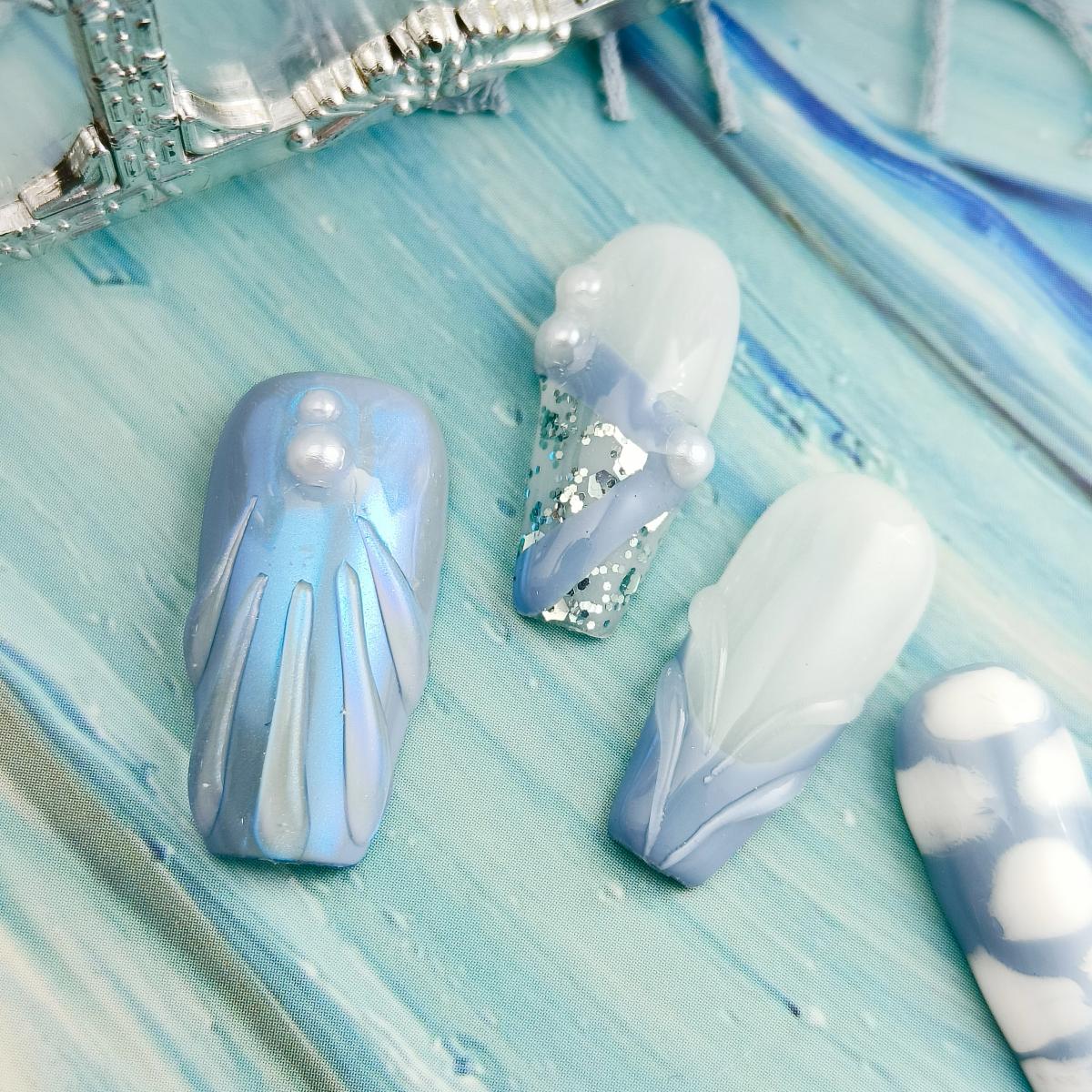 10pcs Handmade Press-on nails Long Coffin Nails 3D Hand drawn Fake nails Bundle Sweet Pearl Sequin Finished nail stickers Free storage box jelly glue 