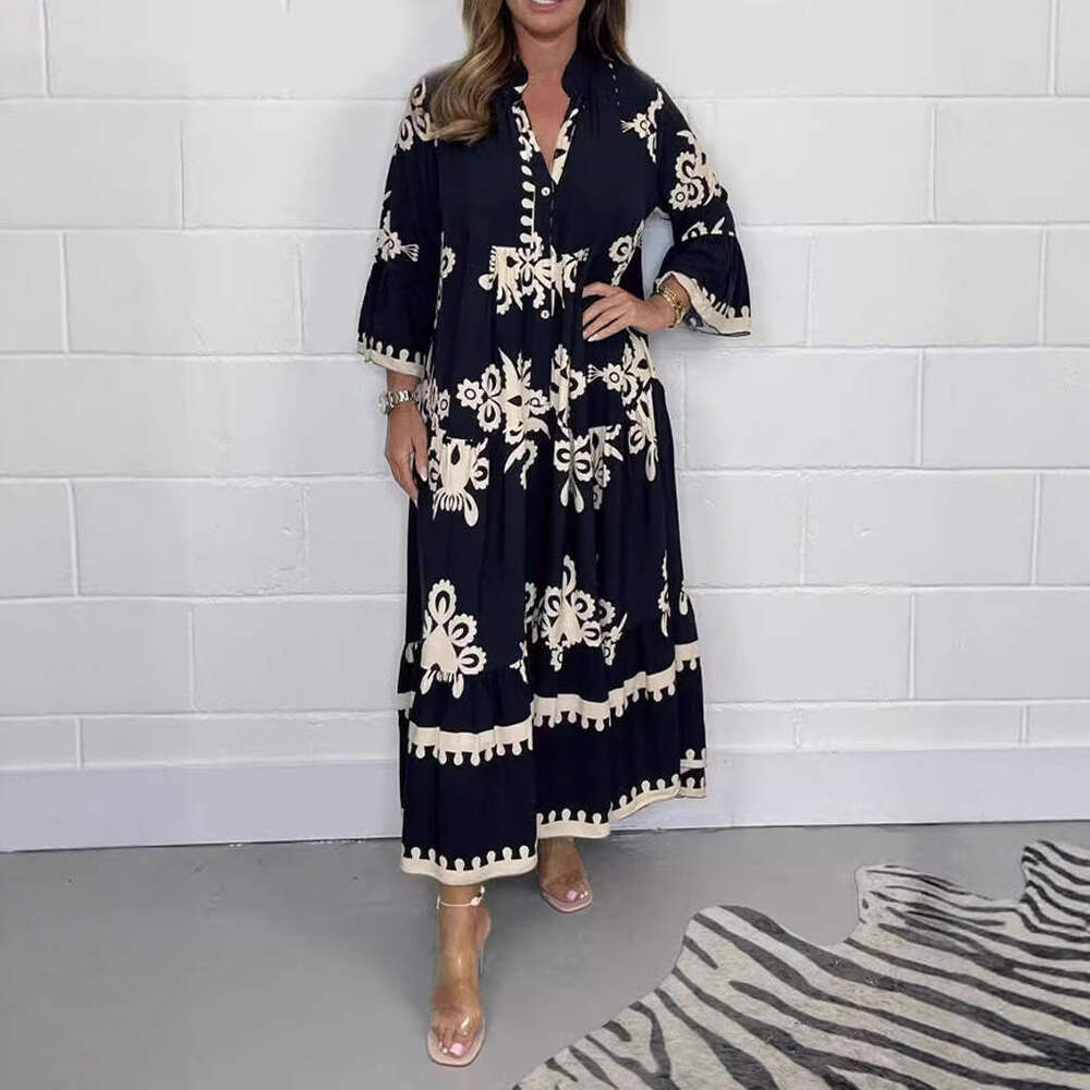 2025 Women's New Elegant Printed Stand Collar Waist-Cinching Dress