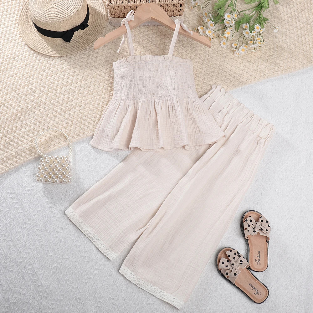 Bear Leader Korean Children Kids Clothing Set Girls Summer Organic Cotton Camisole Top Lace Wide Leg Pants Trousers Outfits 250527