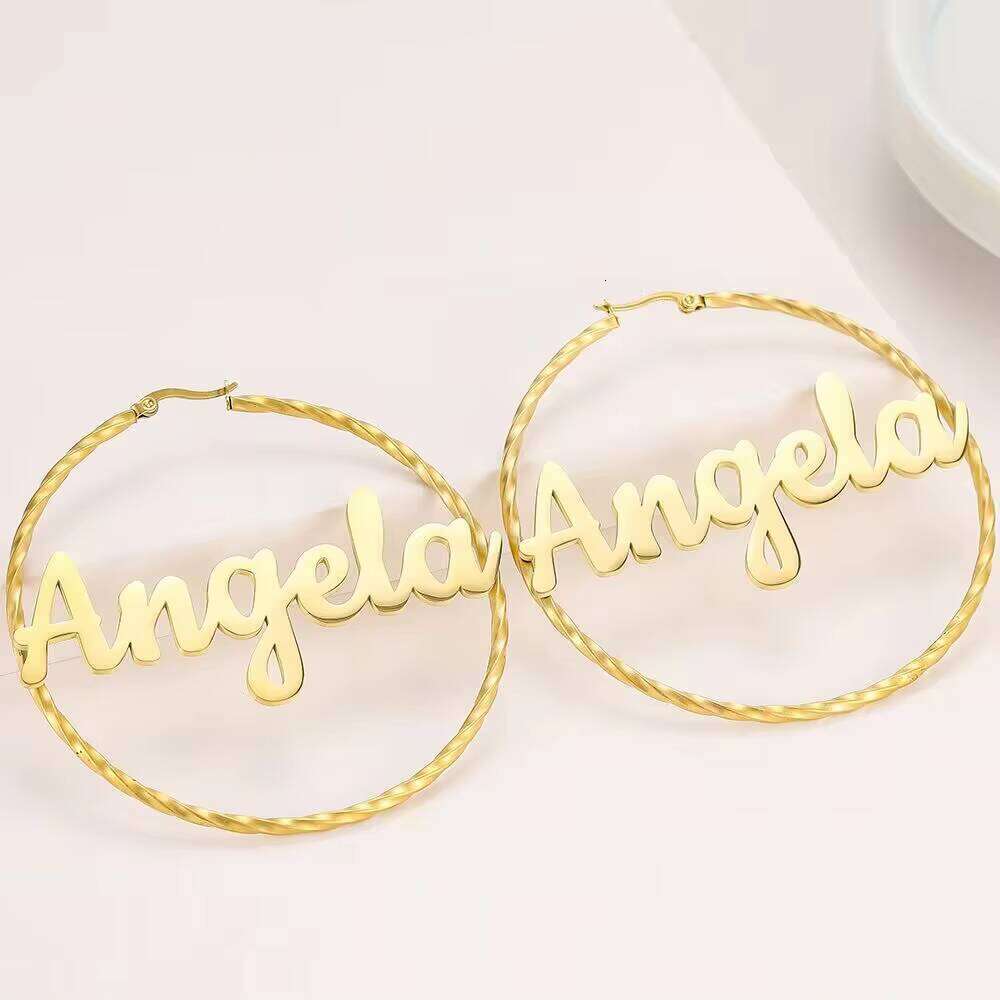 25mm Gold Plated Hoop Earring Women Personalized Custom Stainless Steel Name Fashion Earrings for Family Gift Wholesale