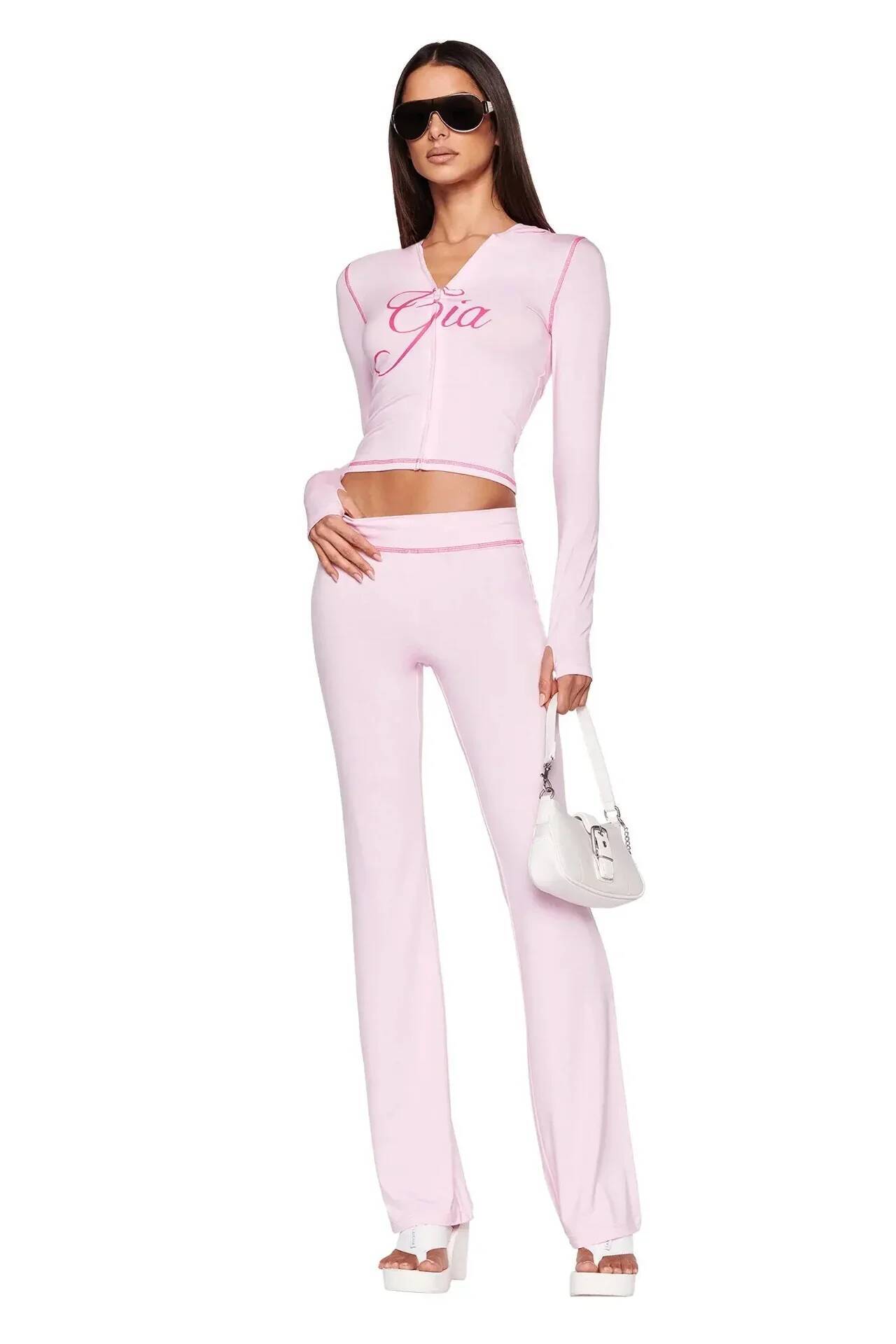 Iamgia Pink Cotton Zipper Hooded Long Sleeved High Stretch Top Low Waist Micro Flared Pants For Women 2024
