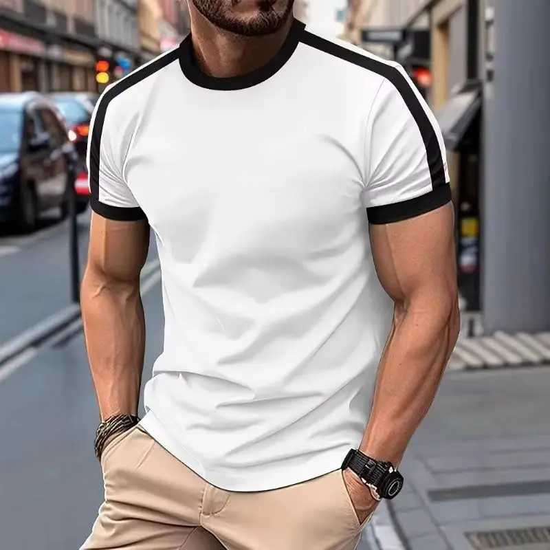New Summer Elastic Casual Short-Sleeved Mens Daily Party Home Social Color Matching T-Shirt Solid Color Vintage Streetwear Top Z250527