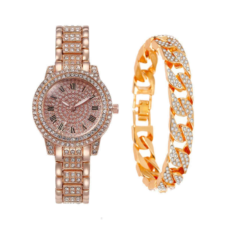 Roman Dial Steel Band Starry Sky Elegant Business Quartz Hip Hop Style Full Diamond Bracelet Watch Set