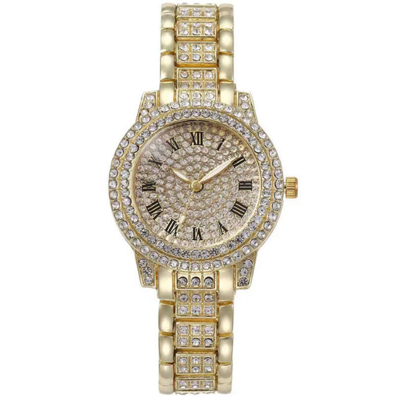 Roman Dial Steel Band Starry Sky Elegant Business Quartz Hip Hop Style Full Diamond Bracelet Watch Set