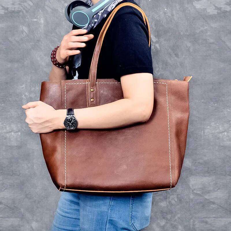 Fashion Vintage High Quality Genuine Leather Men's Tote Real Cowhide Large Capacity Handbag Big Laptop Shoulder Bag